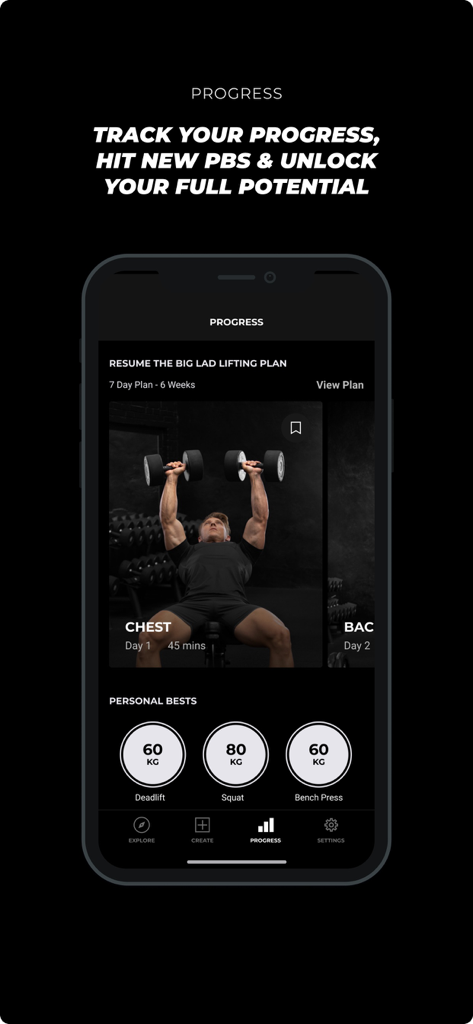 Gymshark Training and Fitness - Fortschritts-Interface der Gymshark Fitness-App zeigt persönliche Bestleistungen im Gewichtheben für Kreuzheben, Kniebeugen und Bankdrücken