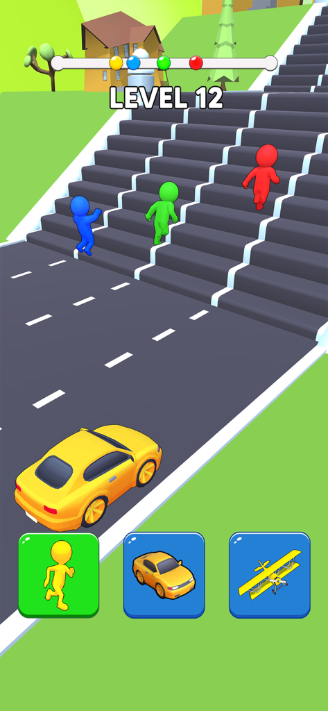 Un coche amarillo y 'stickmen' compitiendo subiendo escaleras en el Nivel 12 de un juego de cambio de forma.