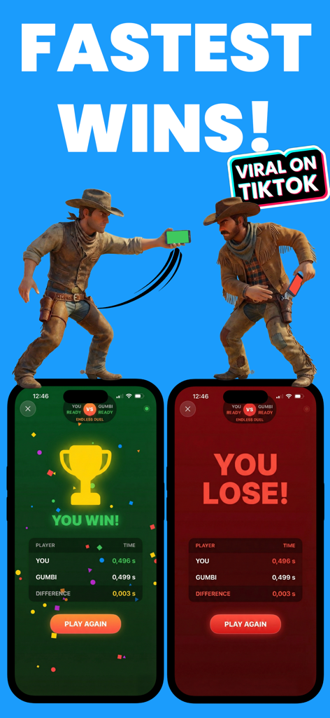 Two cowboys dueling with smartphones showing reaction times and win loss screens