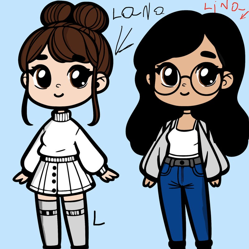one girl with a bun, turtle neck, and short skirt. and another girl with a tank top, jeans, and glasses