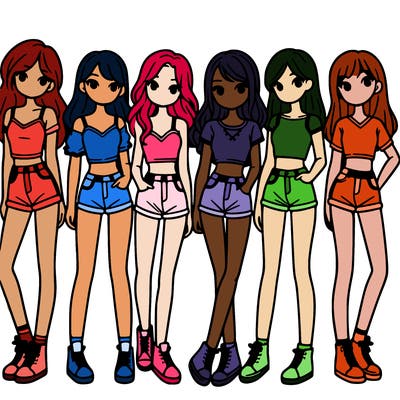 a group of girls wearing crop tops and shorts