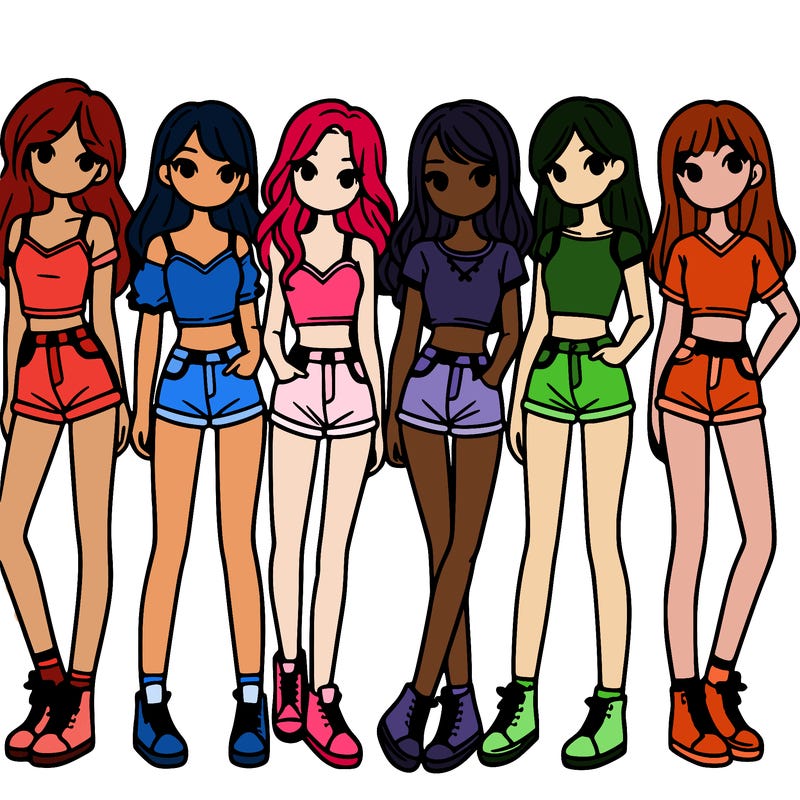 a group of girls wearing crop tops and shorts