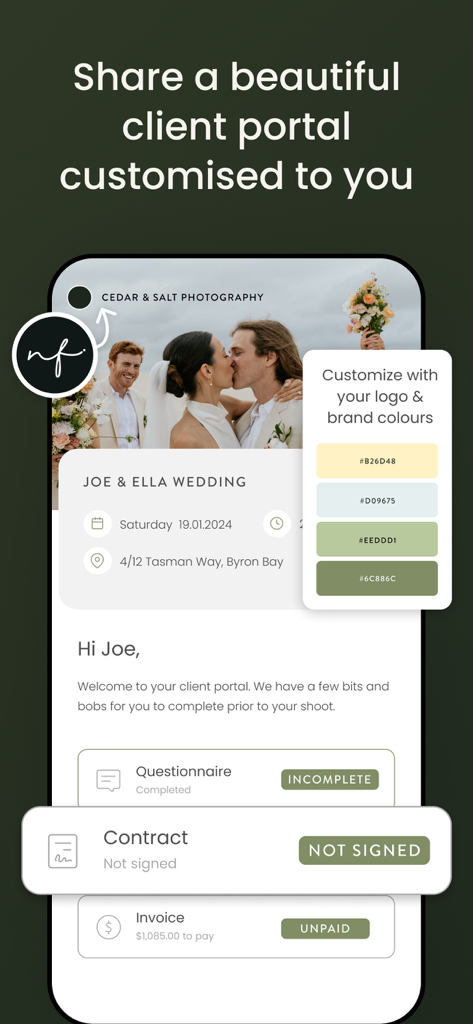 UNSCRIPTED Photography Poses - Bildschirm einer mobilen App, der ein anpassbares Kundenportal für Fotografen mit Markenfarben und Buchungsmanagement zeigt