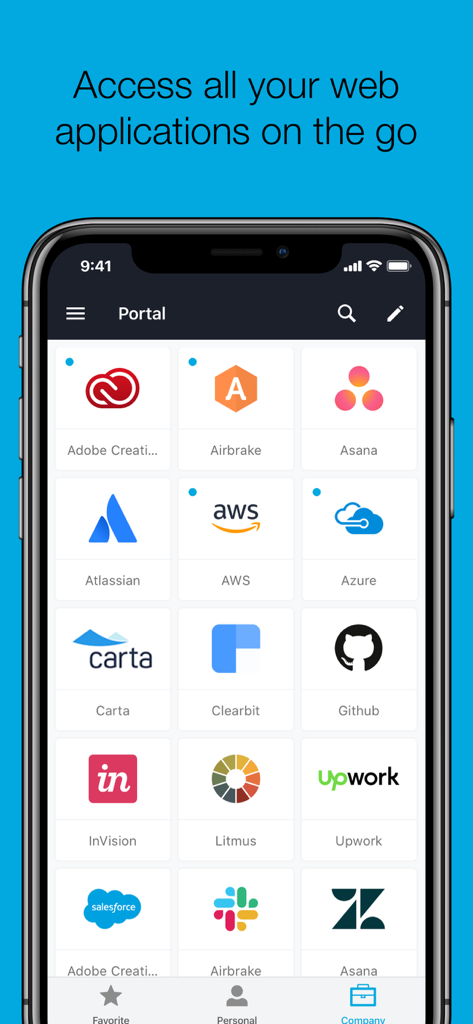 OneLogin Portal app interface showing a grid of business applications on a smartphone screen