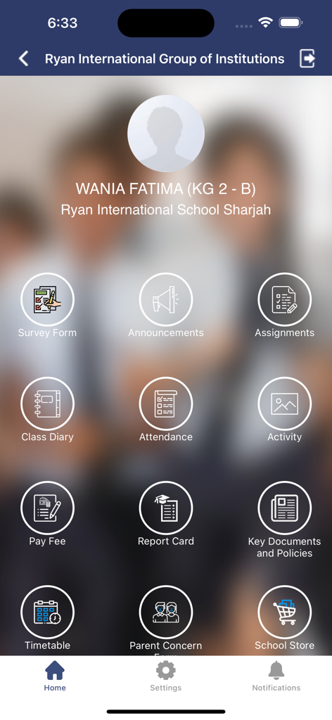 Ryan Parent Portal - Dashboard of the Ryan Parent Portal app showing student profile information and icons for school functions like attendance and assignments