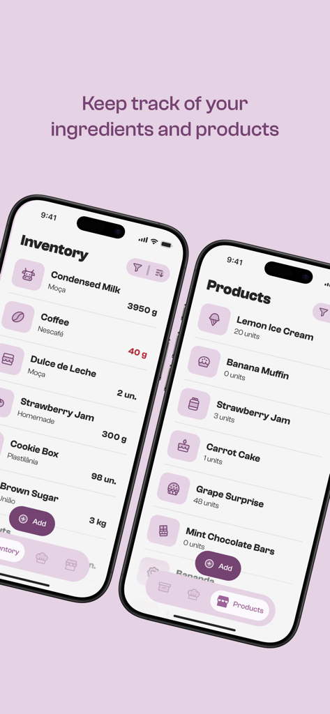Bizou: tips for your business - Bizou app interface showing ingredient inventory and handmade product tracking