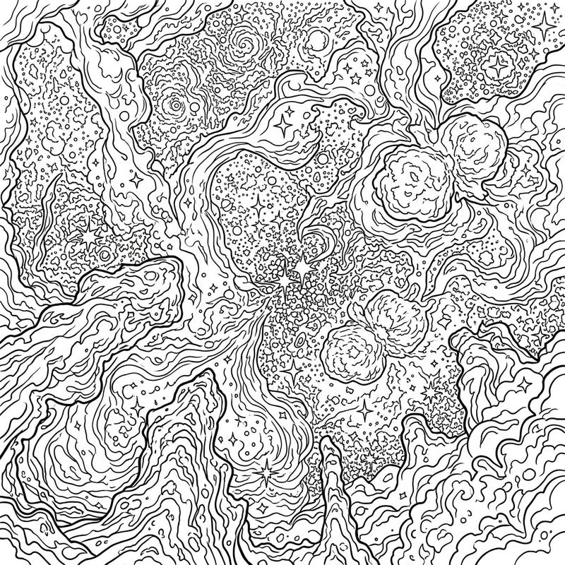 Unleash your creativity with this breathtaking Carina Nebula full-scene coloring page, perfect for exploring the universe's most intricate beauty. Dive into a cosmic landscape filled with stars and nebulae, offering hours of relaxing and inspiring coloring.