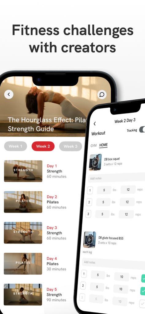 Solin app interface displaying fitness challenges with creators and workout tracking logs