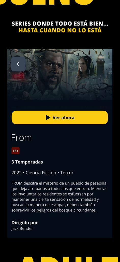 유니버설 플러스 모바일 앱 인터페이스에 시리즈 From의 정보 페이지와 재생 버튼이 표시됩니다.