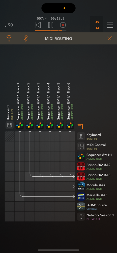 Cuadrícula de enrutamiento MIDI en Sequincer mostrando conexiones de pistas a instrumentos AUv3