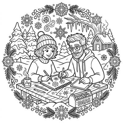 Step into a heartwarming winter scene where two creative partners collaborate on charming snowflake designs. This cozy illustration invites you to add vibrant colors to their shared moment of artistic inspiration.