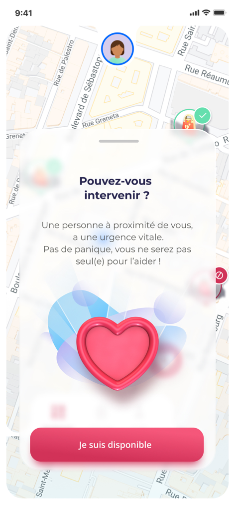 SAUV Life app notification screen asking a citizen responder to intervene in a nearby life threatening emergency