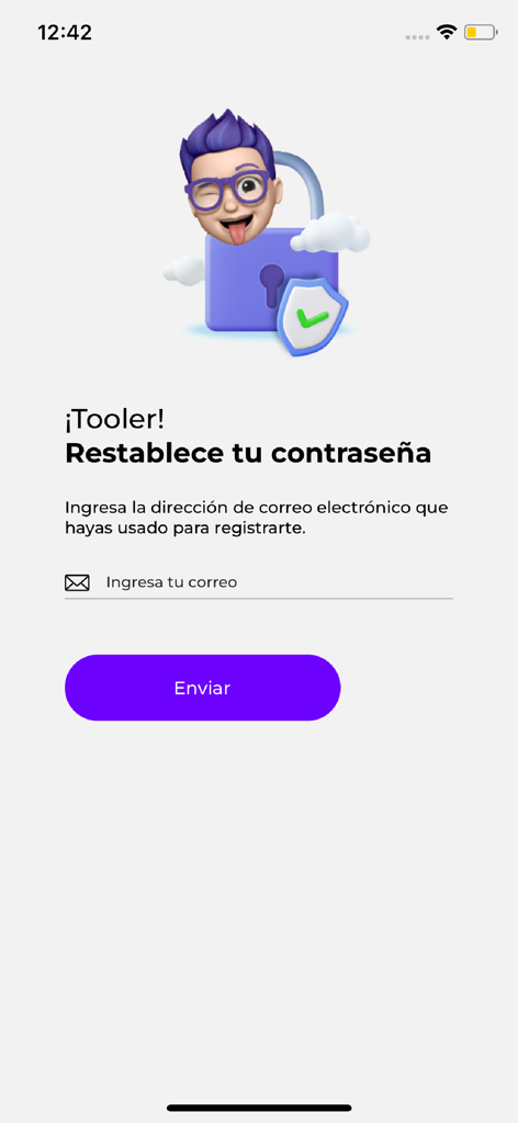 Pantalla de recuperación de contraseña de la aplicación MasterTools en español con una ilustración de personaje y campo de entrada de correo electrónico.