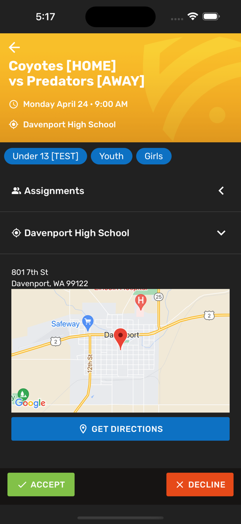 Assignr mobile app displaying game details with a map and buttons to accept or decline a referee assignment.