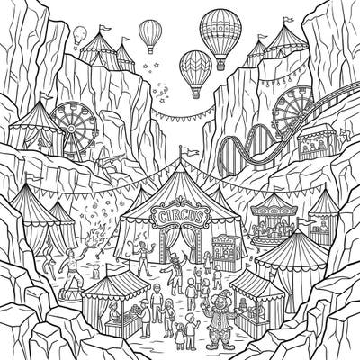 Experience the thrill of a bustling carnival nestled within the majestic formations of glacial canyons. This unique coloring page offers an imaginative fusion of natural wonder and festive circus excitement, perfect for artists of all ages.