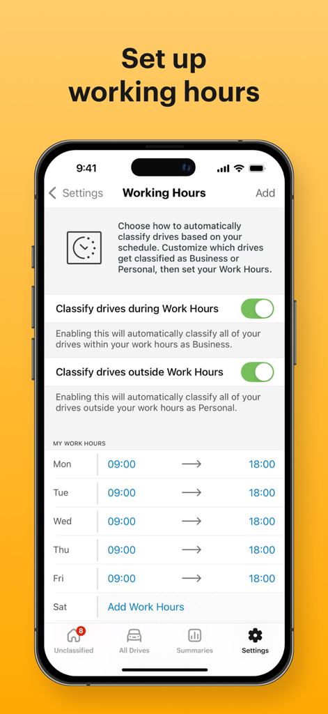 MileIQ: Mileage Tracker & Log - MileIQ app screen for setting up working hours to automatically classify business and personal drives