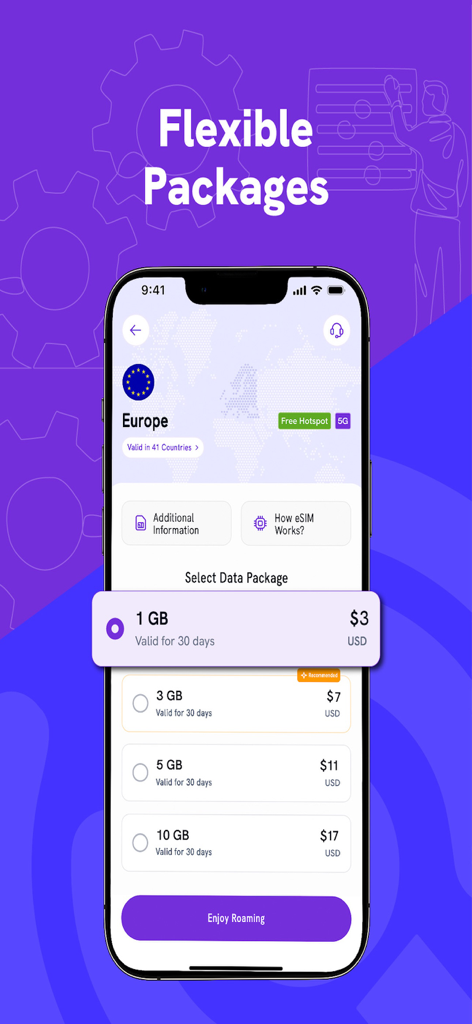 Enjoy eSIM: Global Internet - Enjoy eSIM app screen displaying flexible data plans for Europe with pricing and data options
