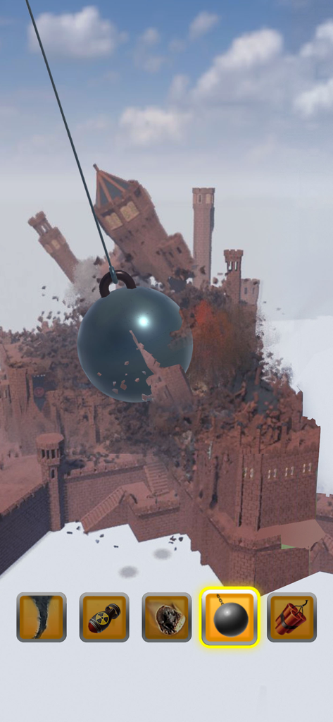 A wrecking ball smashing into a large stone castle in a physics based destruction game with power up icons at the bottom