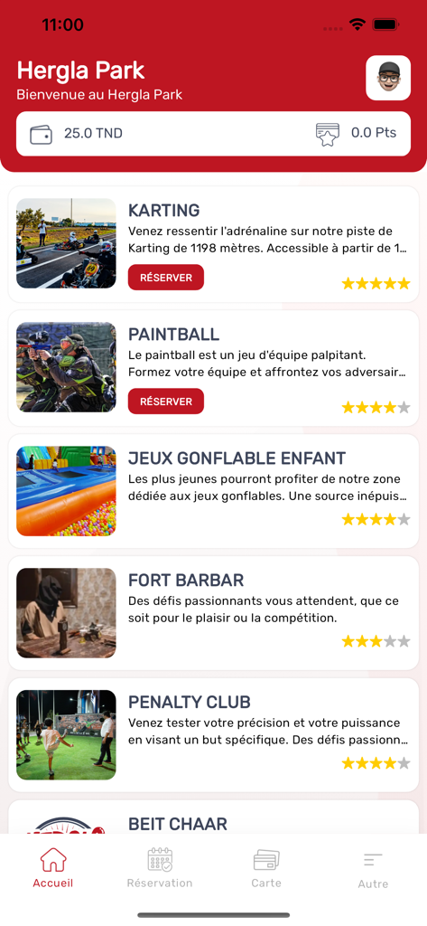 Hergla Park - Hergla Park app home screen showing karting and paintball booking sections