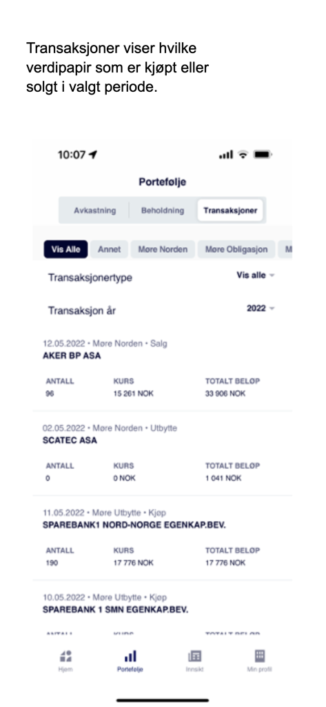Sparebanken Møre Forvaltning - Mobile app screen showing a detailed list of investment transactions including stock purchases and sales in the Sparebanken Møre Forvaltning portfolio.