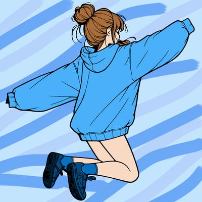 realistic girl jumping with a bun and oversized sweatshirt