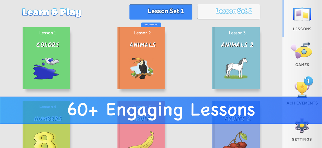 English for Kids from PMG - Selection screen of English lessons for children featuring topics like animals and colors.