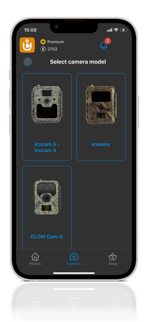 ICU CLOM APP - Selection screen for different cellular trail camera models in the ICU CLOM app interface