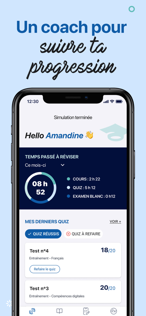 Prépa Concours Sésame - Tableau de bord de l'application Prepa Concours Sesame montrant des statistiques de temps d'étude et des scores de quiz