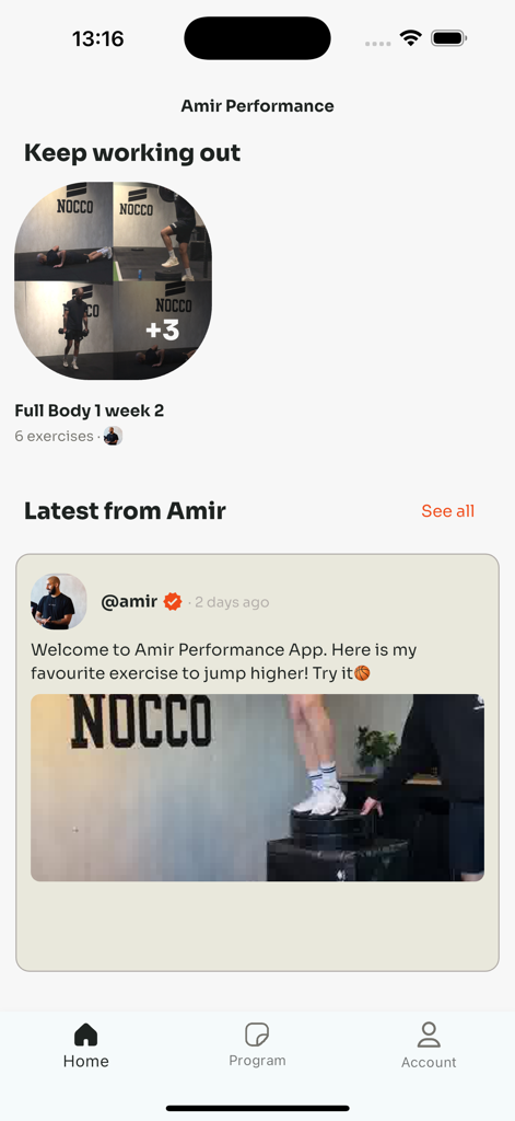 Amir Performance - Home screen of the Amir Performance app showing a full body workout program and a video post on jump exercises.