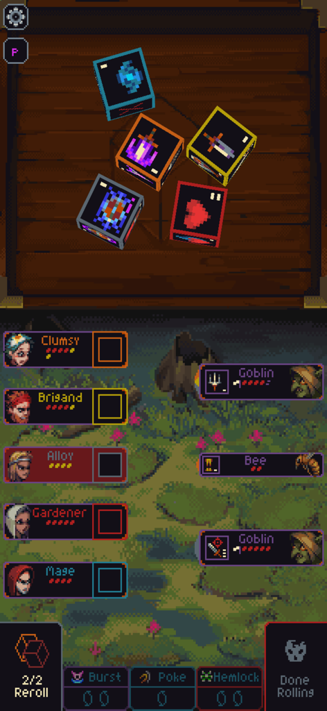 Slice & Dice - Gameplay-Bildschirm von Slice and Dice, der Helden und Würfelwürfe in einem taktischen Kampf zeigt