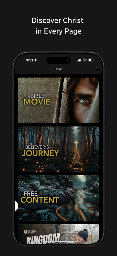 Kingdom Story Films app interface showing sections for The Bible Movie and The Believers Journey with cinematic visuals