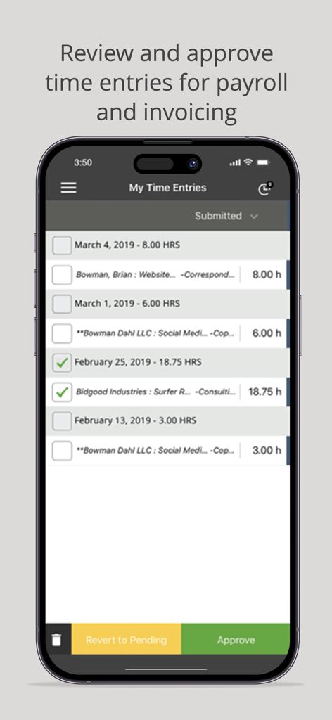 Time Tracker by eBillity - A mobile interface for reviewing and approving employee time entries for payroll and invoicing in the Time Tracker app.