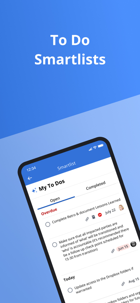 Clarity by Broadcom - Oberfläche der Clarity von Broadcom Mobile App, die eine To-Do-Smartlist mit offenen und überfälligen Aufgaben für das Projektmanagement anzeigt.
