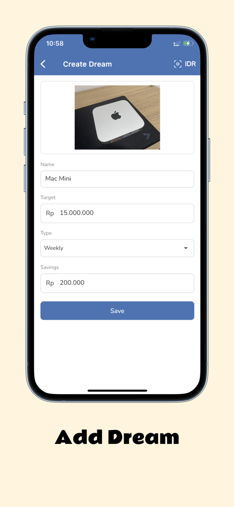 Tabungan Impian - Une interface d'application mobile pour créer un nouvel objectif d'épargne pour un ordinateur Mac Mini.
