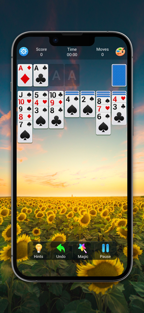 Solitaire, Klondike Card Games - Classic Klondike solitaire card game interface with a beautiful sunflower field background