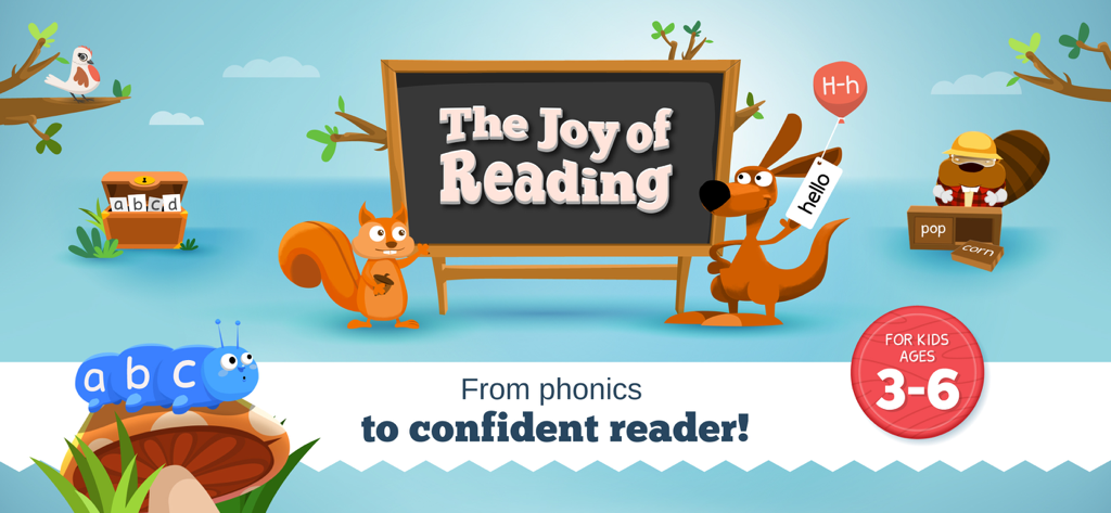 Banner promocional de la aplicación Joy of Reading con personajes animales y texto educativo para niños de 3 a 6 años