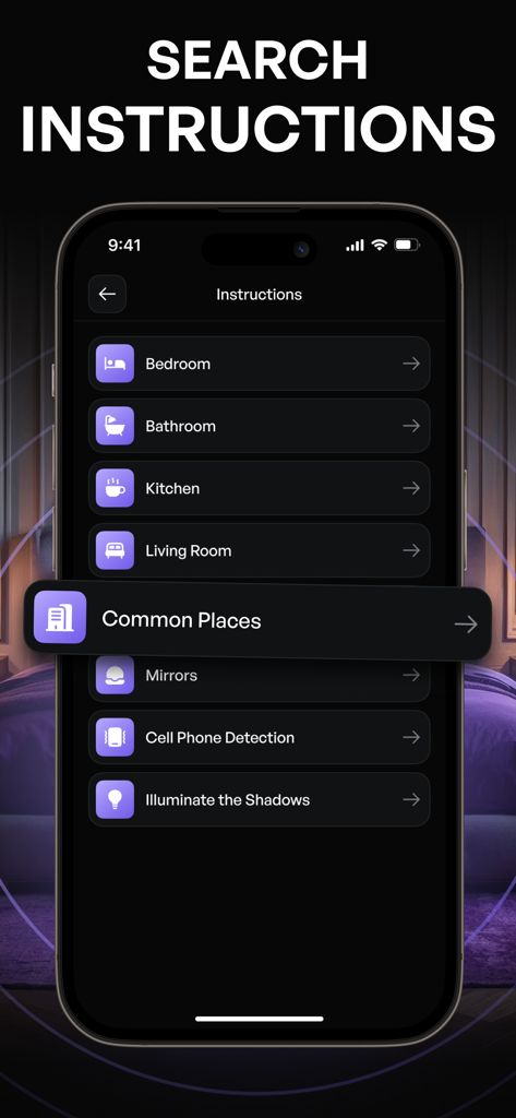 Camera Detector: AI Analyzer - カメラ検出器アプリの検索手順メニュー。寝室やバスルームなどの部屋が隠しデバイスのスキャン用にリストされています。