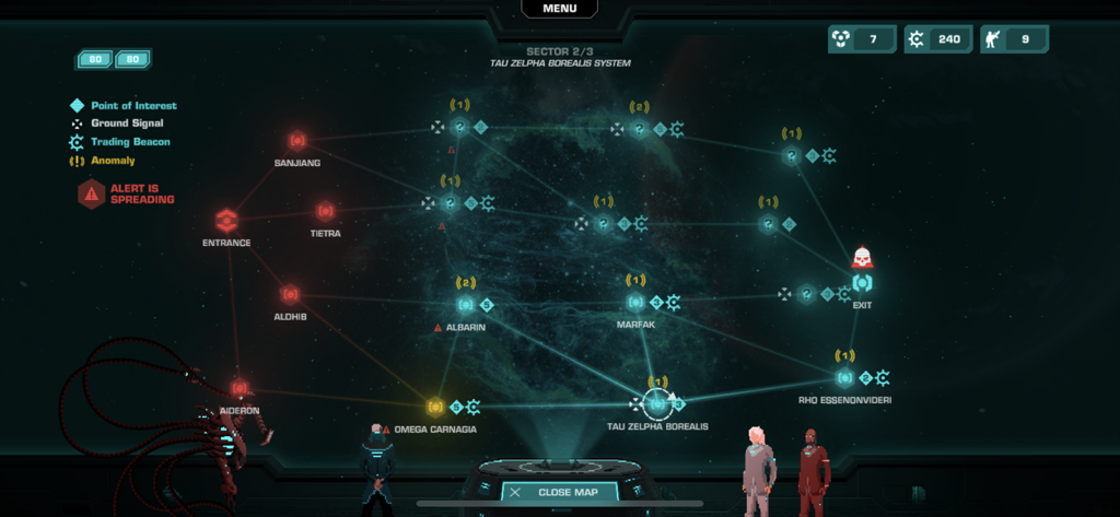 Crying Suns - Mapa estelar táctico de Crying Suns mostrando la navegación del sector y los puntos de interés.