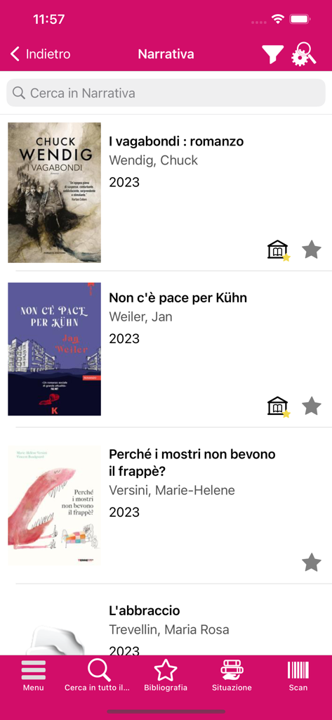 TVB - Screenshot dell'app mobile TVB che mostra un elenco di libri di narrativa nei risultati di ricerca con stato di disponibilità e icone delle biblioteche.