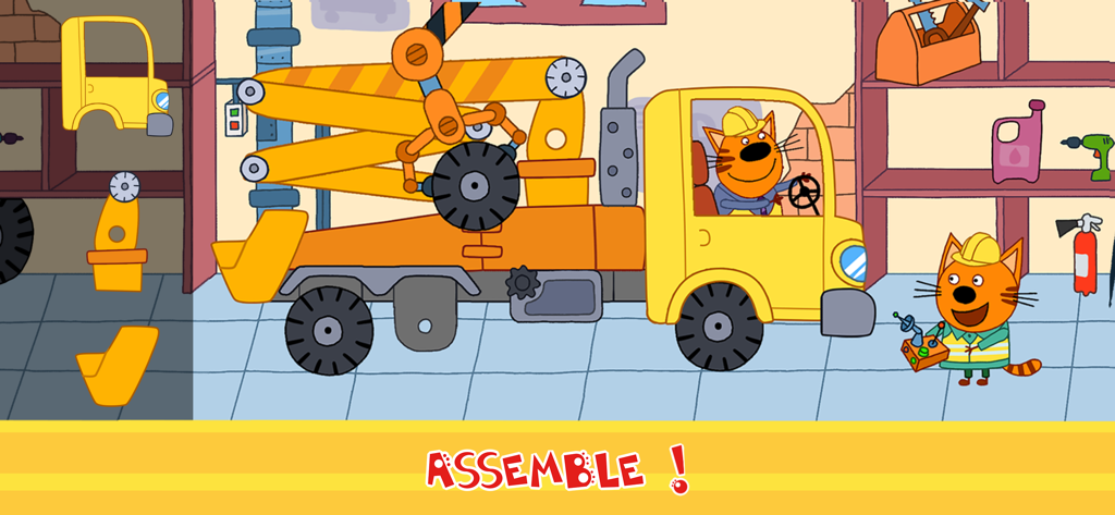 Kid-E-Cats: Building Car Games - Kid-E-Cats characters assembling a yellow construction truck in a workshop setting