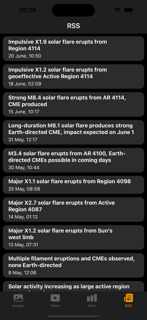 Solar Activity - RSS feed displaying recent solar flare alerts and solar activity reports