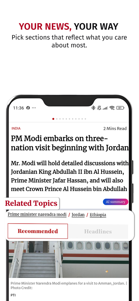 The Hindu app screen showing a personalized news feed with an article about PM Modi and related topics.