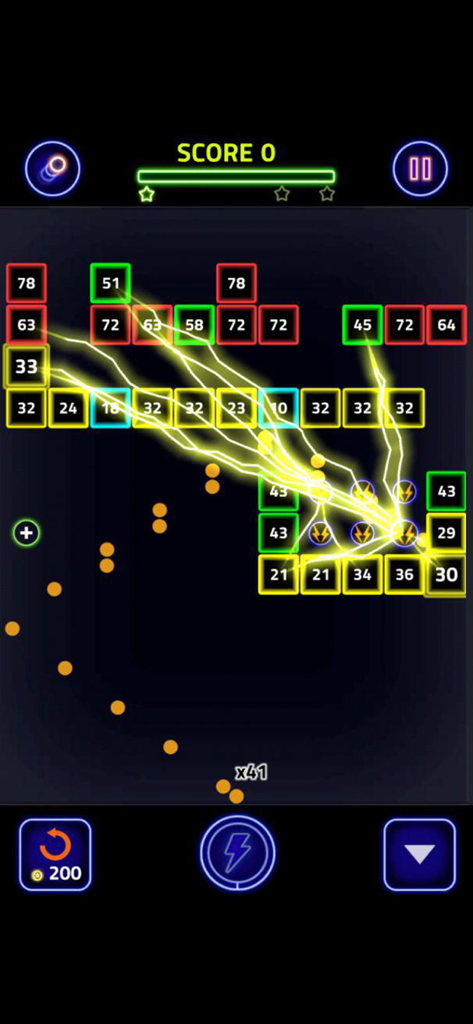 Juego Brick Breaker Glow que muestra coloridos bloques de neón y efectos de relámpago.