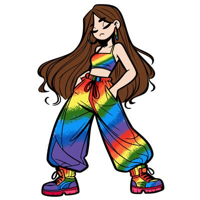 girl in baggy pants crop top and long hair