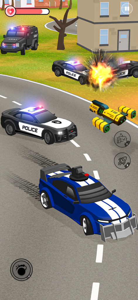 Police Car Chase Police Games - Coche deportivo azul escapando de coches de policía y furgoneta SWAT en una persecución arcade a alta velocidad con explosiones.