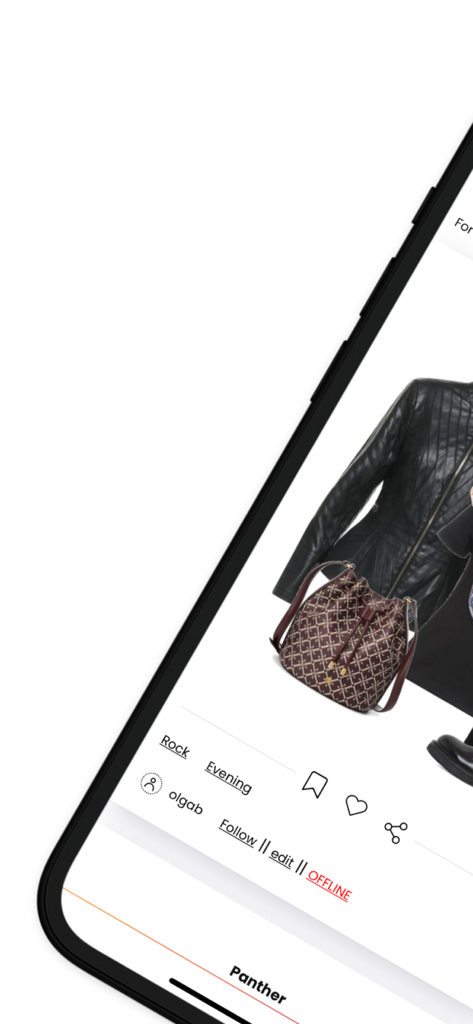 Screenshot do aplicativo Bantoa mostrando um look de moda selecionado com jaqueta de couro preta e bolsa estampada