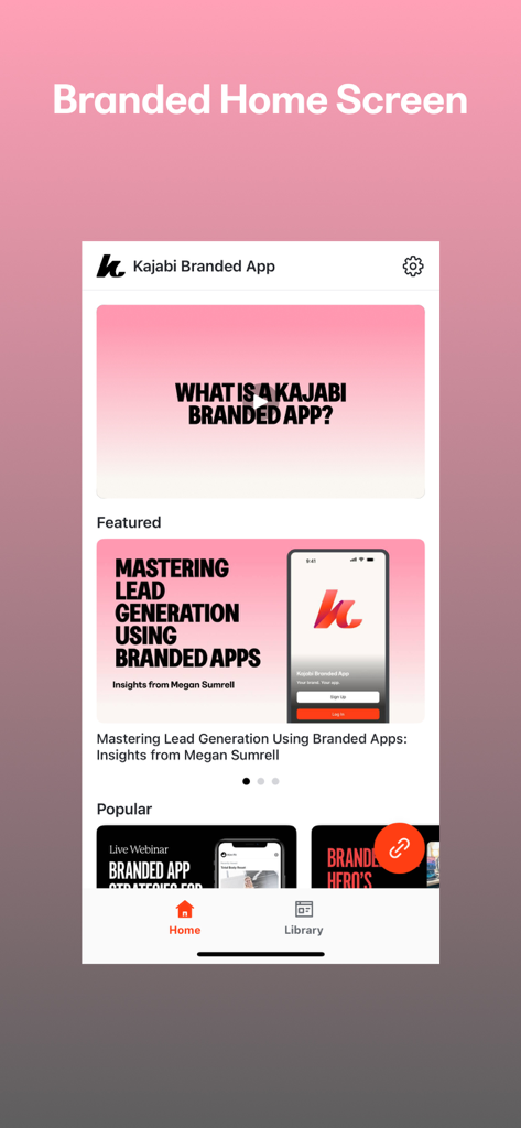 Home screen of the Kajabi Branded App showing featured marketing trainings and webinars.