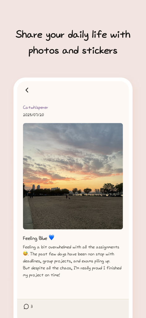 일몰 사진과 개인 텍스트가 있는 Diaring 앱의 일기 항목을 보여주는 휴대폰 화면