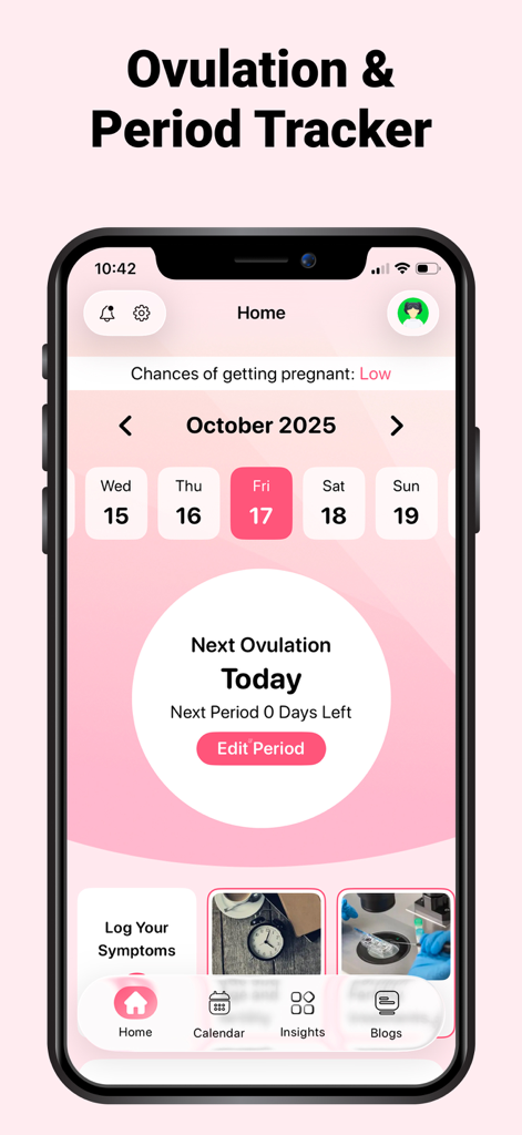 Ovulation Tracker & Calculator - Pantalla de inicio de la aplicación de rastreo de ovulación y período que muestra un calendario de ciclo y el estado de fertilidad
