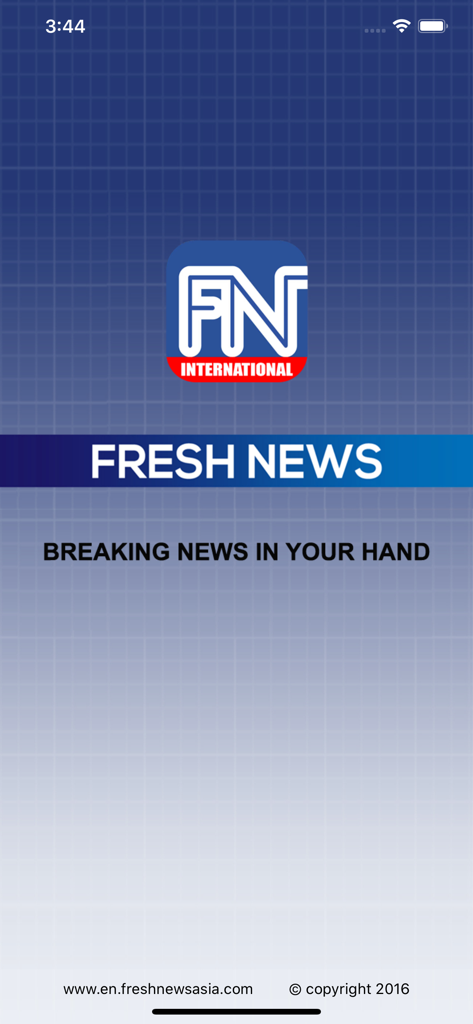 Fresh News International app splash screen with logo and breaking news slogan